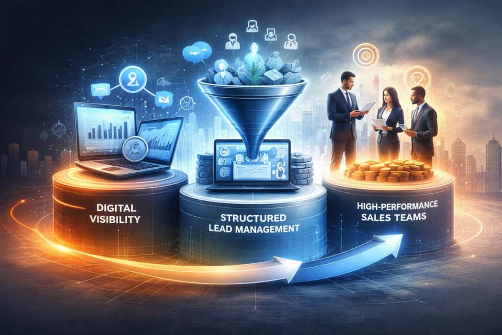 3-Hebel-Modell für modernen B2B-Vertrieb mit digitaler Sichtbarkeit, Lead Management und leistungsfähigen Vertriebsteams.