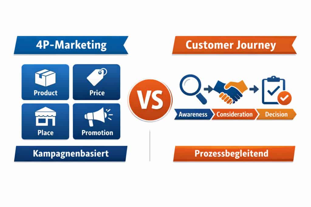 Infografik vergleicht 4P Marketing Mix mit Customer Journey und zeigt Unterschied zwischen Kampagnen und Prozessen.