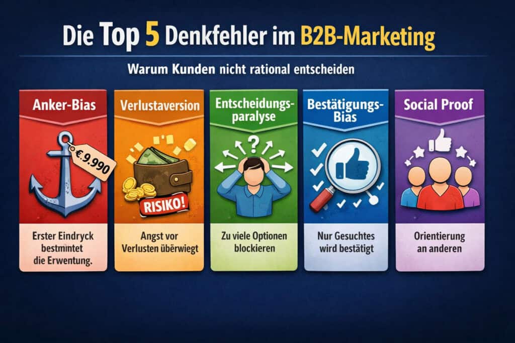 Die Infografik zeigt die 5 wichtigsten kognitiven Biases im B2B-Marketing: Anker-Bias, Verlustaversion, Entscheidungsparalyse und Bestätigungs-Bias. Sie erklärt, warum Kunden nicht rational entscheiden und wie Unternehmen diese psychologischen Effekte gezielt im Marketing und Vertrieb nutzen können.