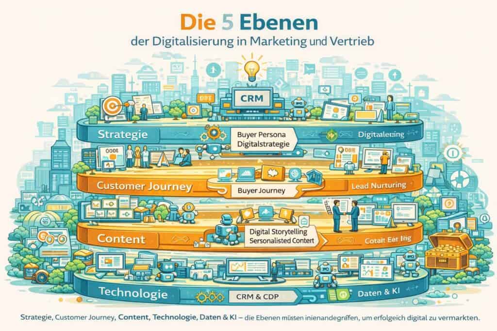 Infografik zeigt die fünf Ebenen der Digitalisierung in Marketing und Vertrieb: Strategie, Customer Journey, Content, Technologie sowie Daten und KI.
