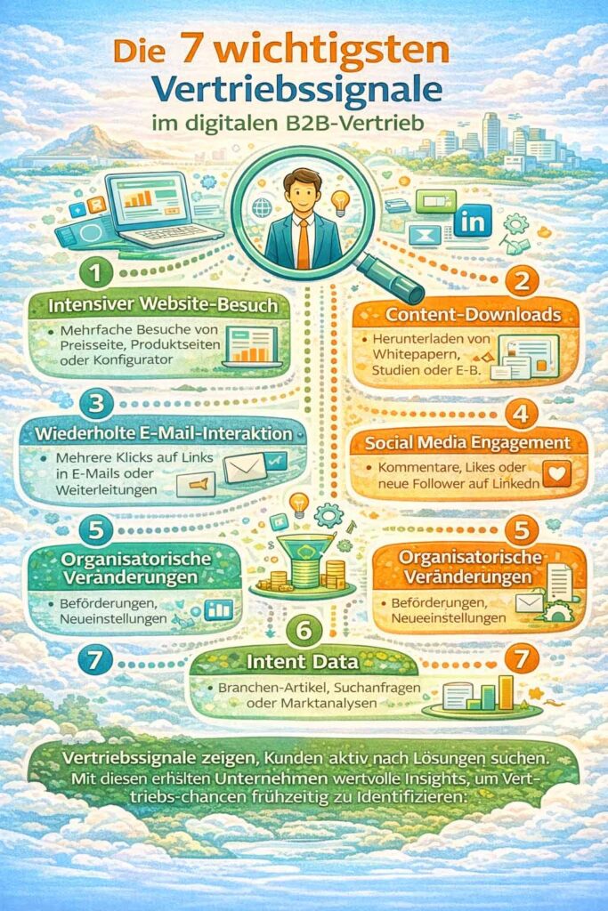 Infografik zeigt die 7 wichtigsten Vertriebssignale im digitalen B2B-Vertrieb wie Website-Besuche, Content-Downloads, Social Media Engagement, E-Mail-Interaktionen und Intent Data
