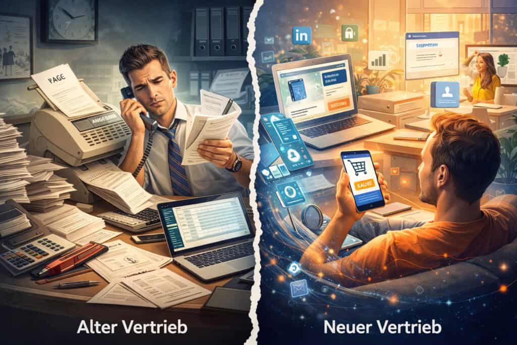 Vergleich zwischen traditionellem Vertrieb mit Papier, Fax und Telefon und modernem digitalem Vertrieb mit CRM, LinkedIn, Marketing Automation und Online-Kaufprozessen.
