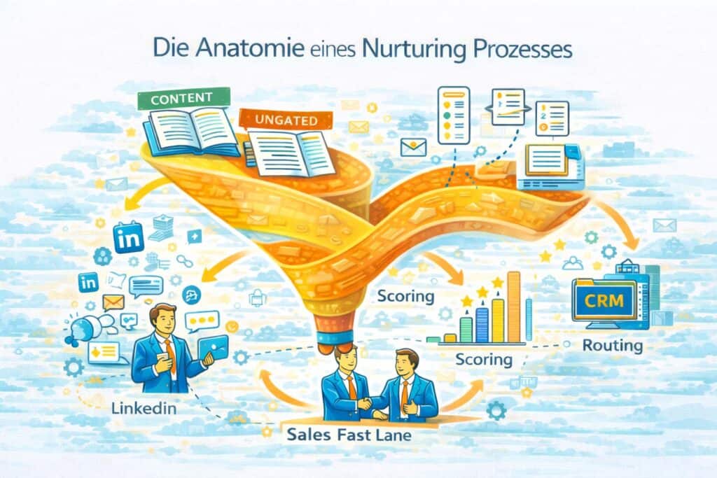 Infografik zur Anatomie eines B2B Nurturing Prozesses mit Content, LinkedIn, Lead Scoring, CRM Routing und Sales Fast Lane.