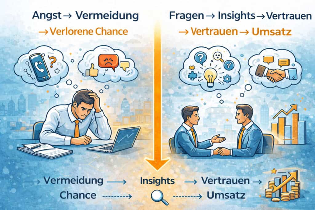 Illustration zum Thema Angst im Vertrieb: Links ein Vertriebsmitarbeiter, der aus Unsicherheit Kontakt vermeidet, rechts ein erfolgreicher Vertrieb durch Fragen, Vertrauen und Umsatzwachstum.