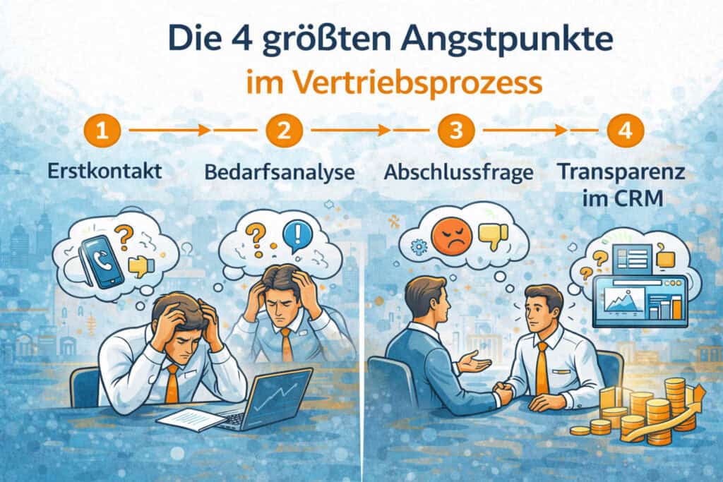 Infografik zu den vier größten Angstpunkten im Vertriebsprozess: Erstkontakt mit Kunden, Bedarfsanalyse im Verkaufsgespräch, Abschlussfrage im Vertrieb und Transparenz im CRM-System.
