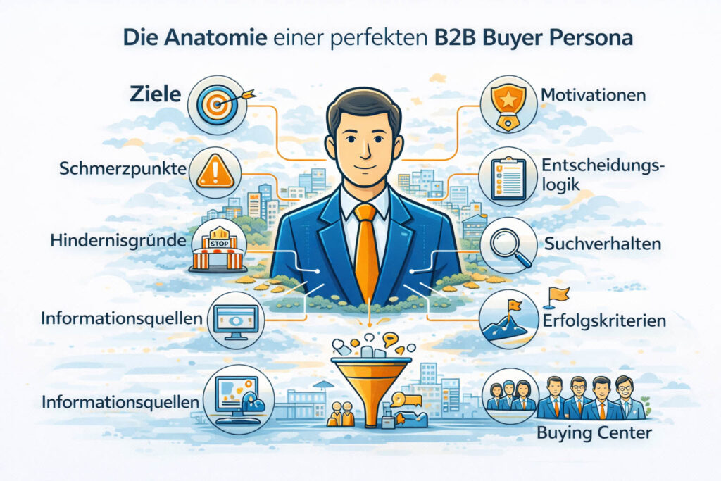 Infografik zur Anatomie einer B2B Buyer Persona mit Zielen, Schmerzpunkten, Motivationen, Entscheidungslogik, Informationsquellen und Buying Center.