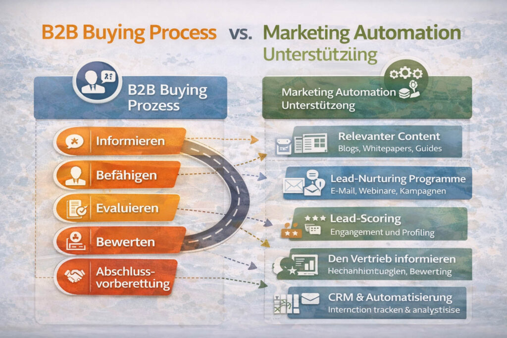 B2B Buying Process mit Marketing Automation Unterstützung – Phasen Informieren, Befähigen, Evaluieren, Bewerten und Abschlussvorbereitung