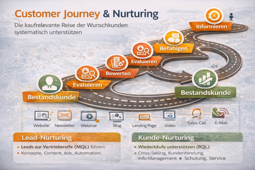 Customer Journey im B2B mit Lead Nurturing und Customer Nurturing – Phasen Informieren, Befähigen, Evaluieren, Bewerten und Abschlussvorbereitung