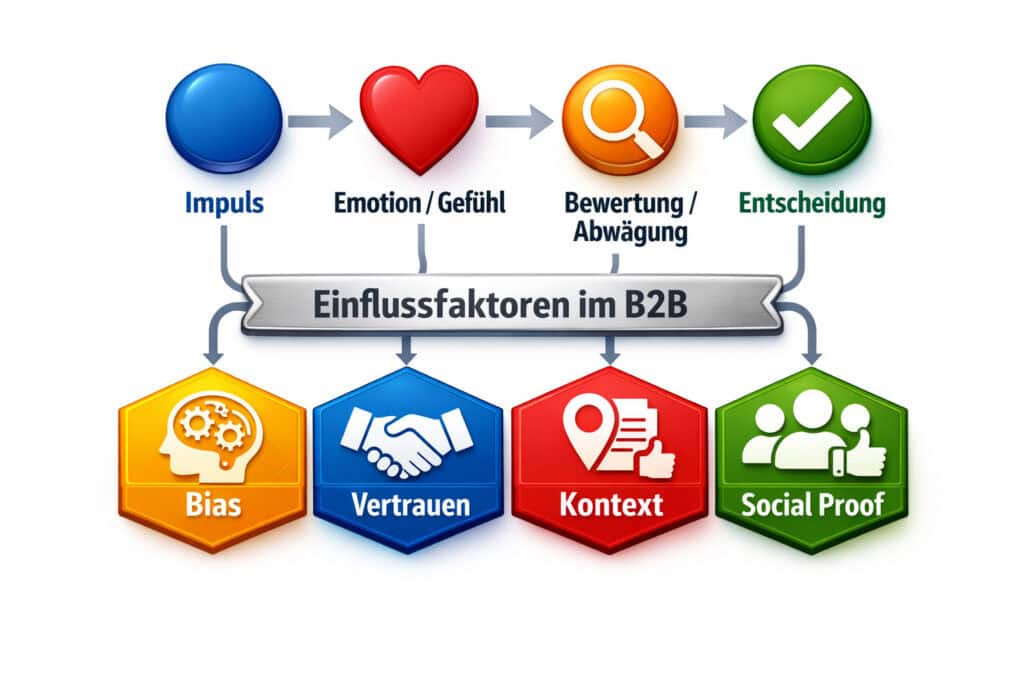 Flow-Grafik zum B2B-Entscheidungsprozess: Von Impuls über Emotion und Bewertung bis zur Entscheidung. Einflussfaktoren wie Bias, Vertrauen, Kontext und Social Proof zeigen, wie Kaufentscheidungen im Marketing und Vertrieb entstehen.
