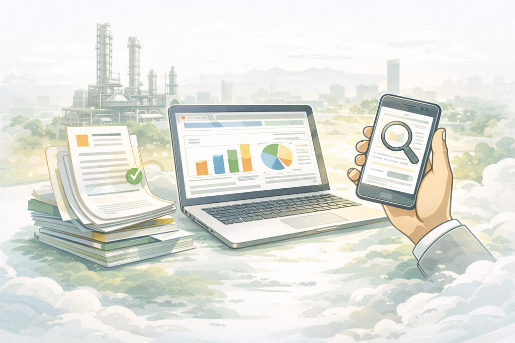 Illustration des modernen B2B-Kaufprozesses: Kunden recherchieren online mit Laptop, Smartphone und Fachinformationen, bevor sie mit dem Vertrieb sprechen.