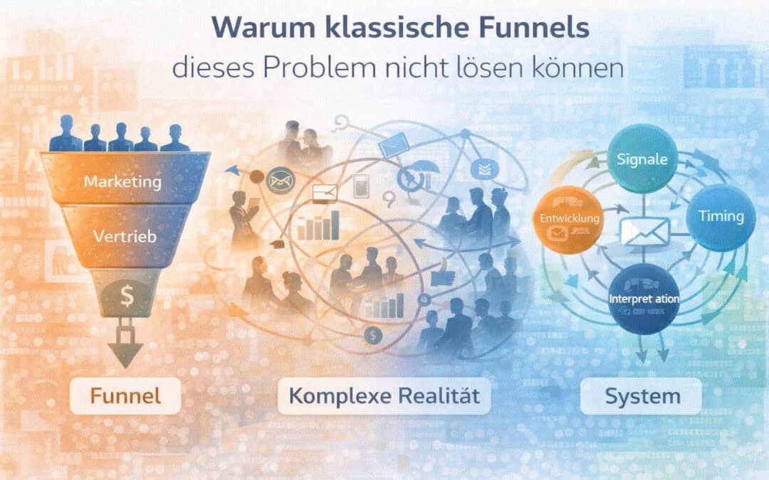 Headergrafik zur B2B Marketing Funnel Alternative: Gegenüberstellung eines klassischen Funnels, der komplexen Realität im B2B und eines vernetzten Systems aus Entwicklung, Signalen, Timing und Interpretation