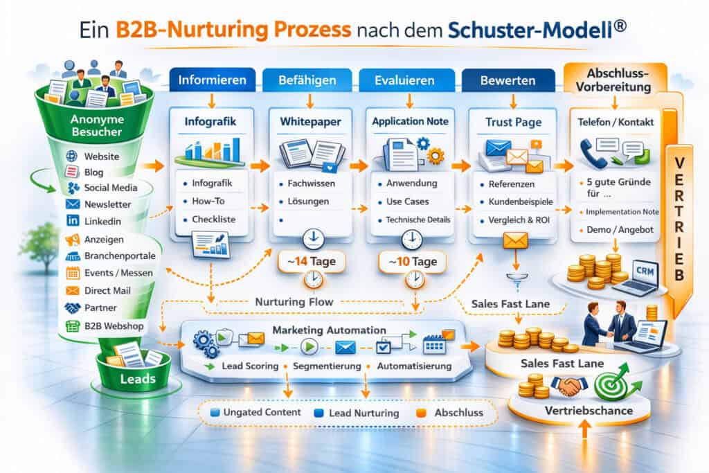 B2B Nurturing Prozess nach dem Schuster-Modell® mit Content-Stufen von Infografik über Whitepaper und Application Note bis zur Vertriebsübergabe.