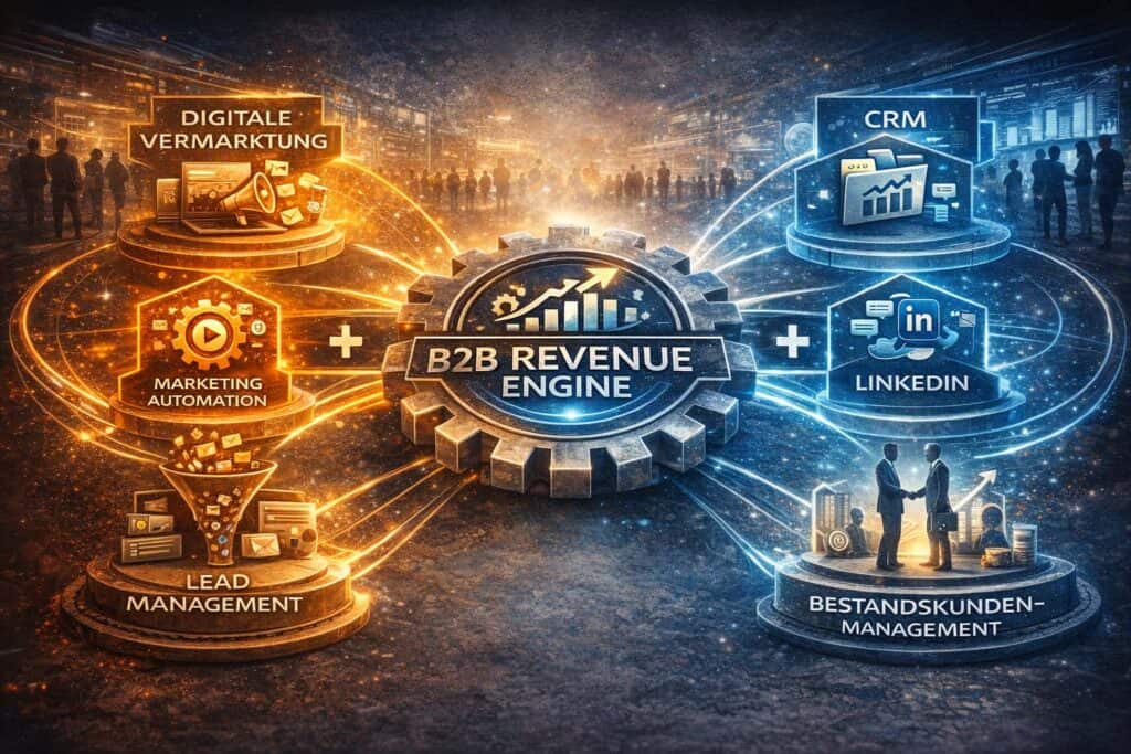 Infografik der B2B Revenue Engine mit Marketing Automation, Lead Management, CRM, LinkedIn und Bestandskundenmanagement im modernen B2B-Vertrieb.