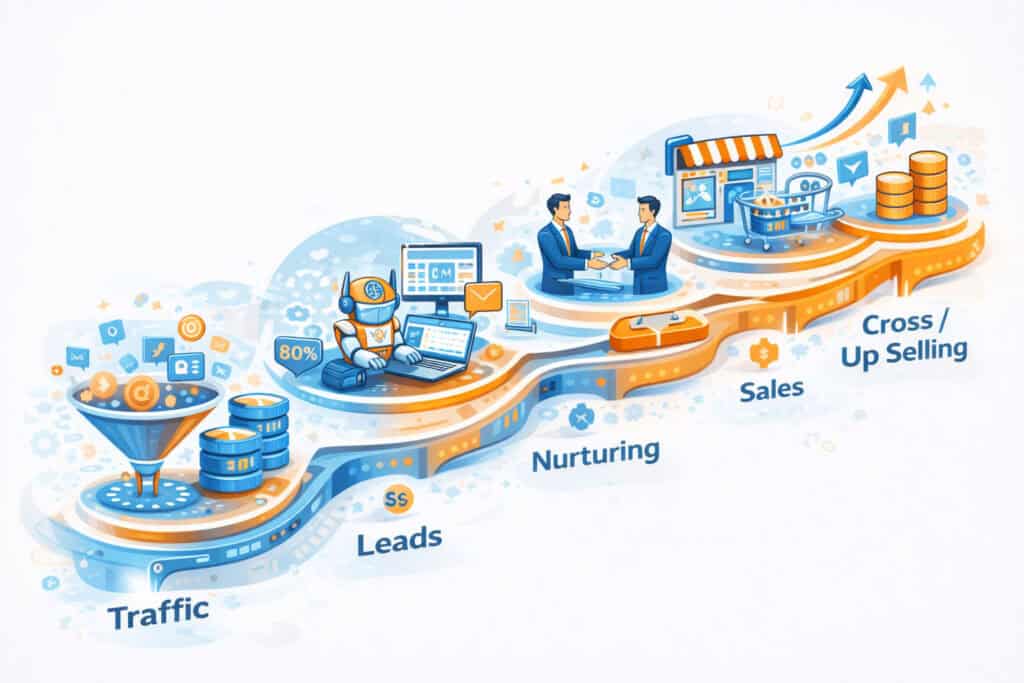 Marketing Automation Prozess im B2B: Vom Traffic über Leads und Nurturing zum Vertrieb und Cross- und Up-Selling.