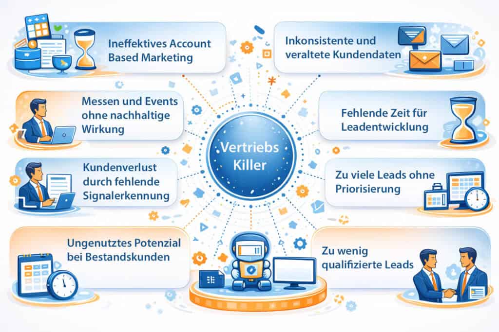 Framework-Grafik mit zwölf typischen Problemen im B2B-Vertrieb rund um Datenqualität, Leadmanagement, Vertriebseffizienz und Marketing Automation.