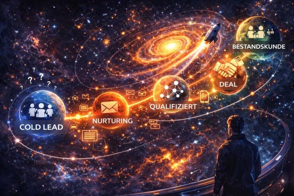 Lead Journey im B2B-Vertrieb: Entwicklung eines Interessenten von Cold Lead über Nurturing und Qualifizierung bis zum Deal und Bestandskunden.