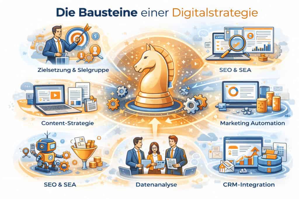 Bausteine einer Digitalstrategie für Marketing und Vertrieb im B2B – Zielgruppenanalyse, Content-Strategie, SEO, Marketing Automation, Datenanalyse und CRM-Integration