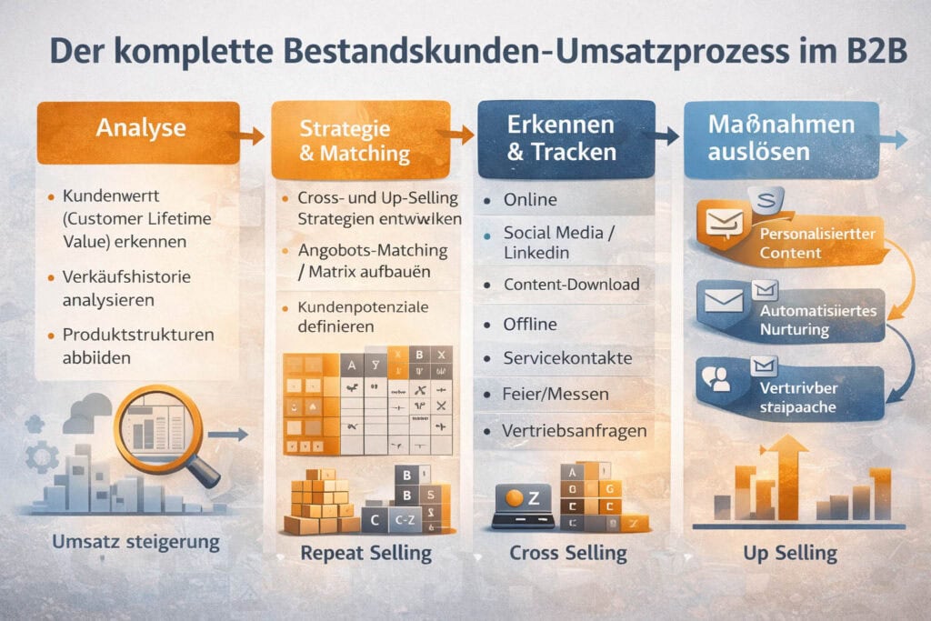 Infografik zum Bestandskunden-Umsatzprozess im B2B mit Analyse des Customer Lifetime Value, Cross-Selling-Matching, Erkennung von Vertriebssignalen sowie personalisierten Marketing- und Vertriebsmaßnahmen.