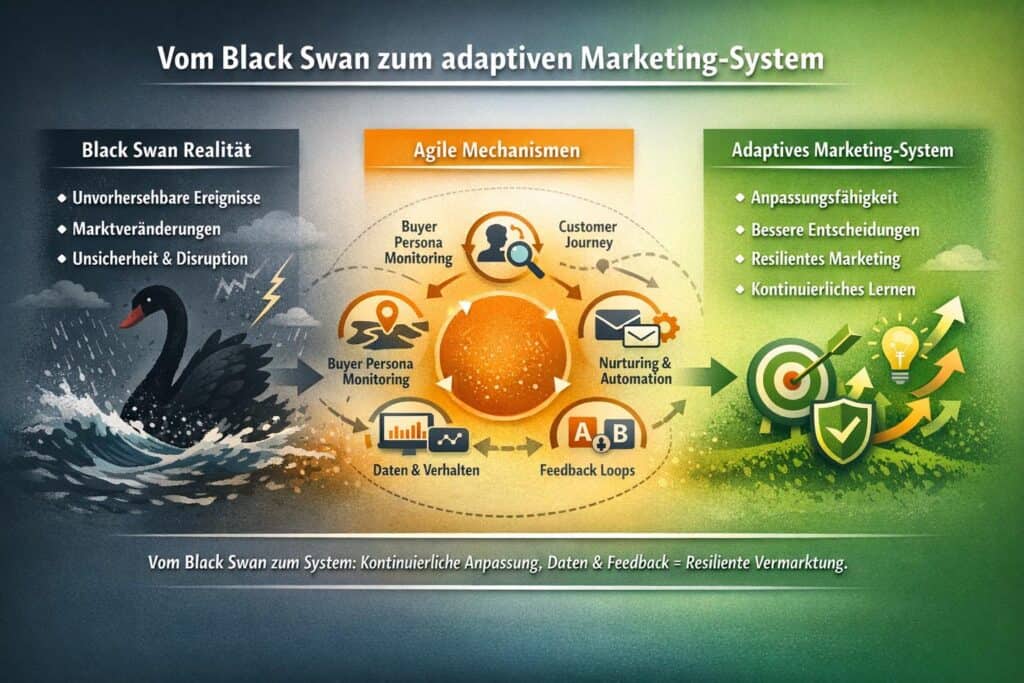 Infografik zum Black-Swan-Prinzip im B2B-Marketing: Links unvorhersehbare Ereignisse und Marktveränderungen, in der Mitte agile Mechanismen wie Buyer Persona Monitoring, Customer Journey, Nurturing und A/B-Testing, rechts ein adaptives Marketing-System mit kontinuierlichem Lernen und Anpassungsfähigkeit.