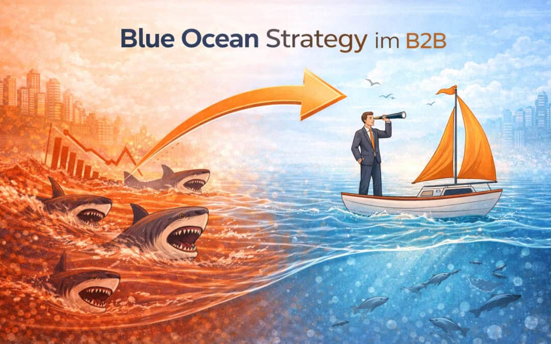 Illustration zur Blue Ocean Strategy im B2B. Die Grafik zeigt den Unterschied zwischen einem wettbewerbsintensiven Red Ocean mit starkem Konkurrenzdruck und einem Blue Ocean mit neuen Marktchancen und Wachstumsmöglichkeiten.