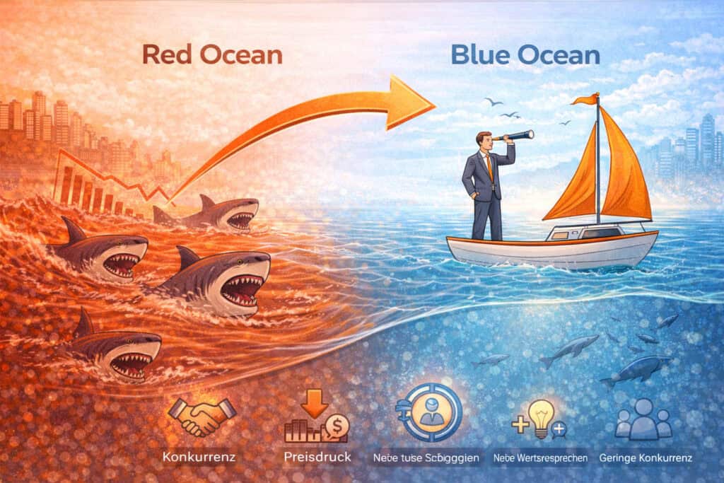 Infografik zur Blue Ocean Strategy im B2B. Die Grafik zeigt links einen Red Ocean mit starkem Wettbewerb und Preisdruck und rechts einen Blue Ocean mit neuen Marktchancen, Innovation und gernger Konkurrenz.