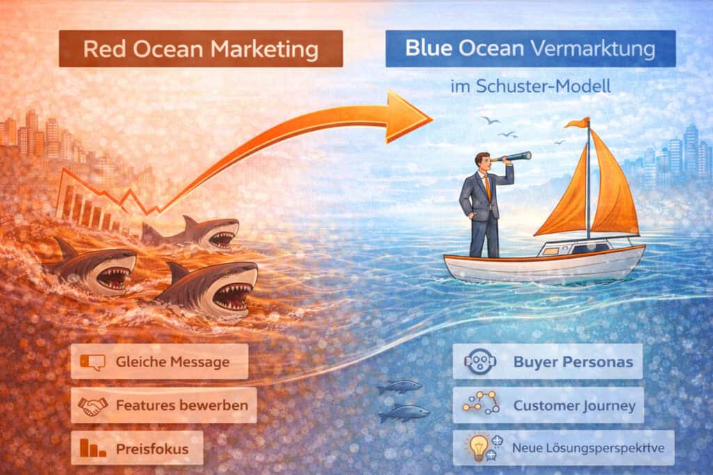 Infografik zum Vergleich von Red Ocean Marketing und Blue Ocean Vermarktung im Schuster-Modell. Links intensiver Wettbewerb mit Preisfokus, rechts strategische Differenzierung durch Buyer Personas, Customer Journey und neue Lösungsansätze.