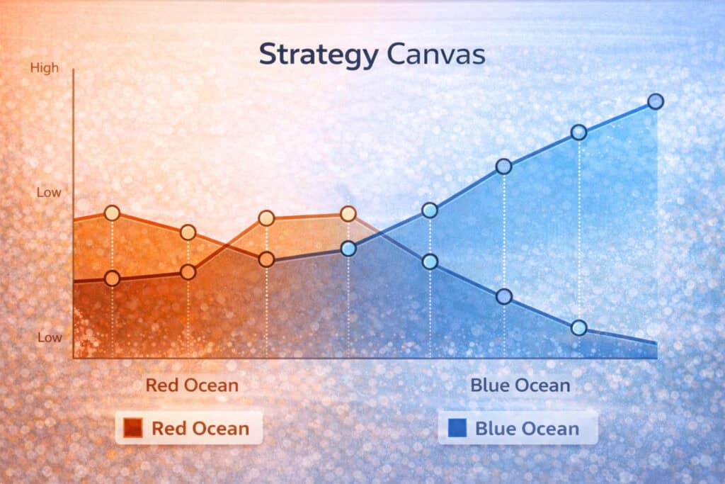 Strategy Canvas der Blue Ocean Strategy. Die Grafik zeigt zwei Kurven: eine typische Wettbewerbsstrategie im Red Ocean und eine differenzierende Strategie im Blue Ocean.