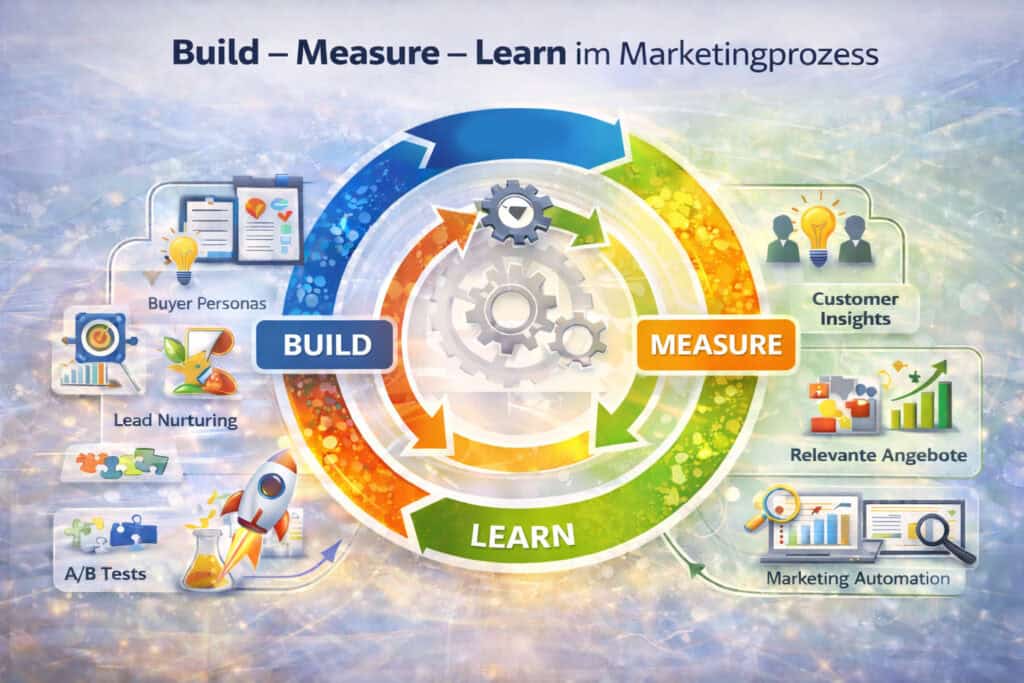 Build Measure Learn Zyklus im Marketingprozess mit Buyer Personas, Lead Nurturing, A B Tests, Customer Insights und Marketing Automation
