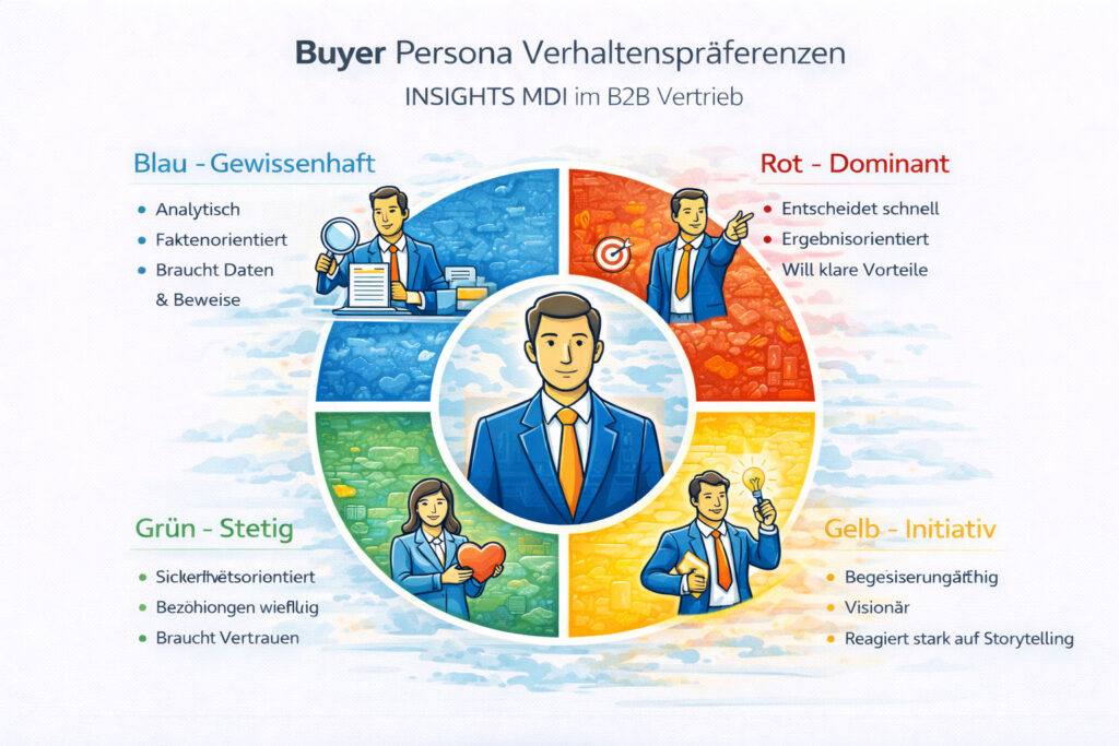 Infografik zu Buyer Persona Verhaltenspräferenzen im B2B nach dem INSIGHTS-MDI-Modell mit den vier Verhaltenstypen Rot (dominant), Gelb (initiativ), Grün (stetig) und Blau (gewissenhaft).