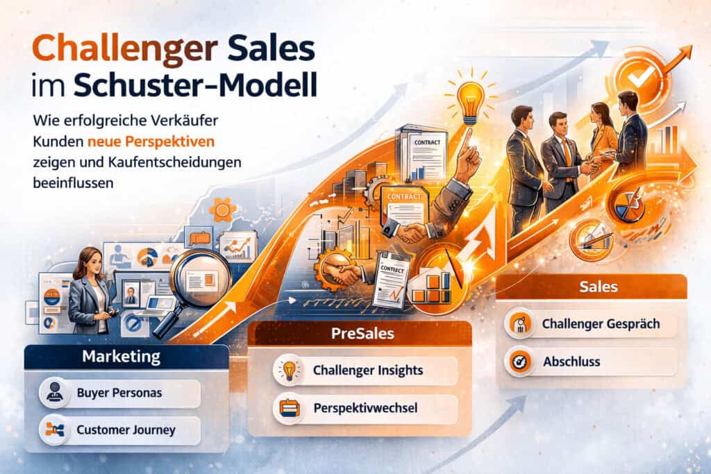 Infografik zum Challenger-Sales-Modell im Kontext des Schuster-Modells der B2B-Vermarktung. Die Grafik zeigt, wie Marketing mit Buyer Personas und Customer-Journey-Analysen die PreSales-Phase vorbereitet und wie Challenger-Verkäufer im Vertrieb neue Perspektiven vermitteln, um Kaufentscheidungen zu beeinflussen.