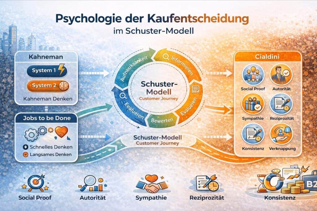Infografik zu den Cialdini Prinzipien im B2B Marketing und ihrer Rolle im Schuster-Modell der Customer Journey und Kaufentscheidung.