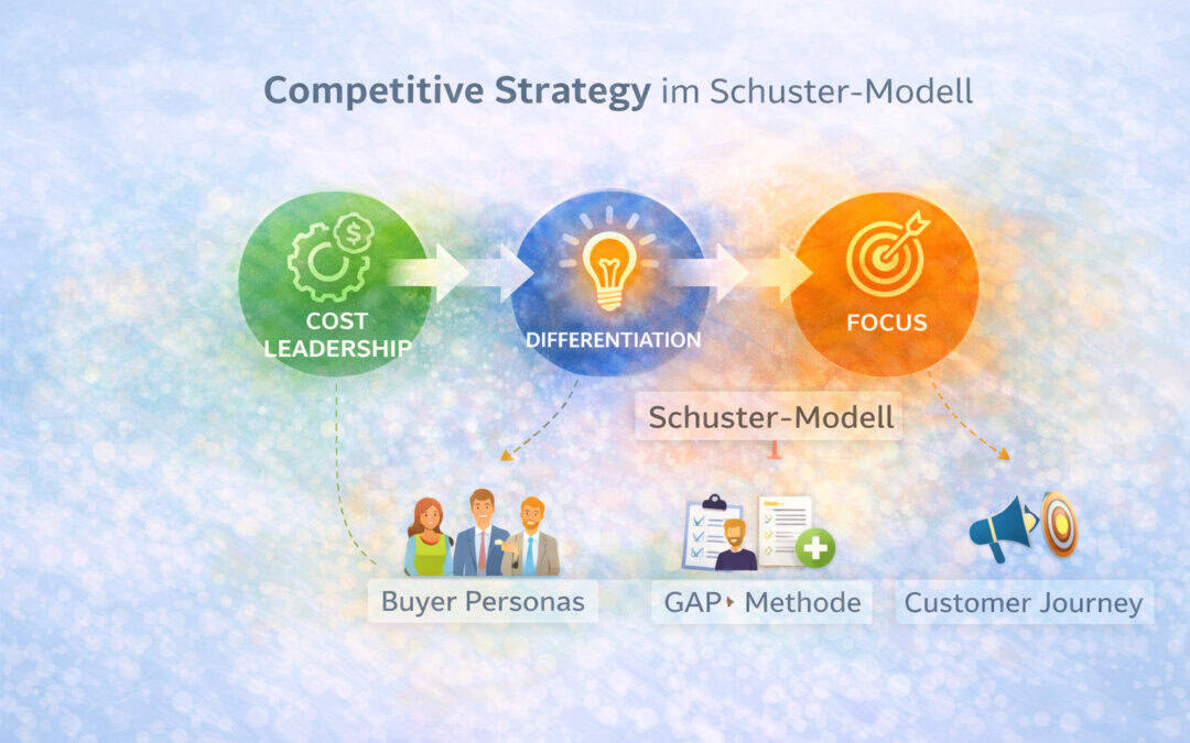 Infografik zu Competitive Strategy mit Kostenführerschaft, Differenzierung und Fokus im Schuster-Modell für B2B-Marketing.