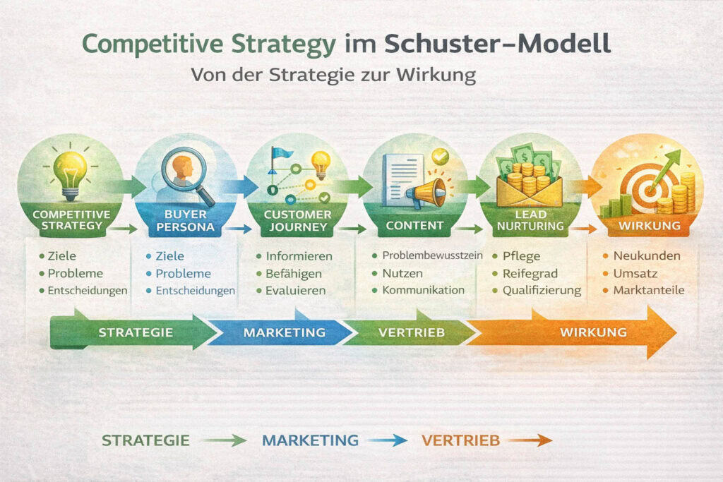 Infografik zeigt den Flow von Competitive Strategy über Buyer Persona, Customer Journey, Content und Lead Nurturing bis zur Wirkung im Vertrieb.