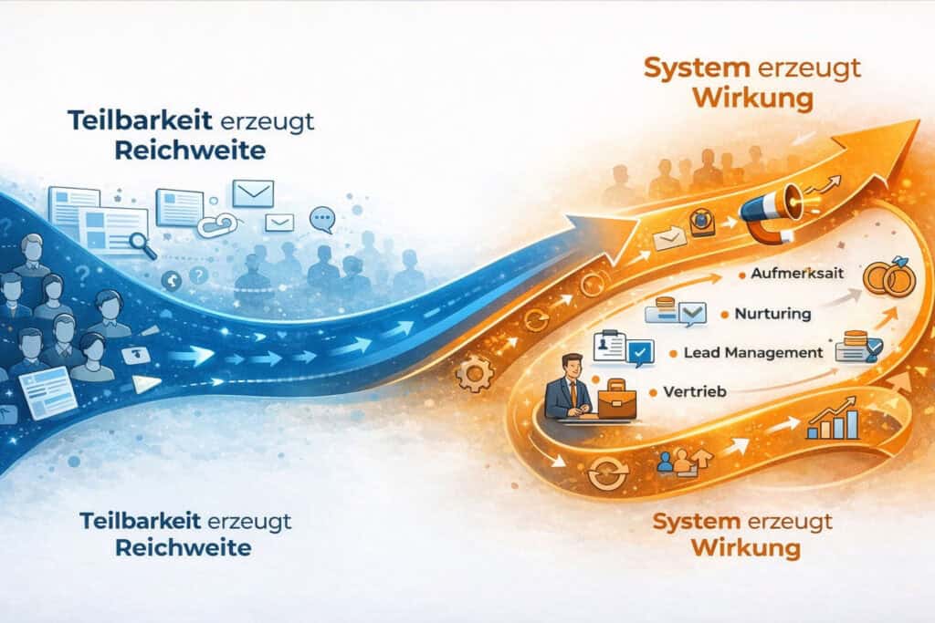 Infografik zeigt Contagious im B2B und den Übergang von Content-Reichweite zu systematischer Vermarktung und Vertrieb. Visualisierung eines B2B-Marketing- und Vertriebsprozesses mit Fokus auf Content-Teilbarkeit, Reichweite, Nurturing, Lead Management und Abschluss