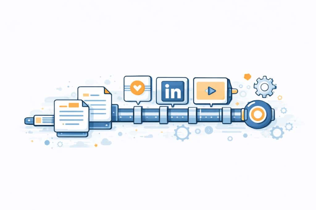 Illustration einer Content Marketing Pipeline mit Blogartikeln LinkedIn Posts und Videos im B2B Marketing