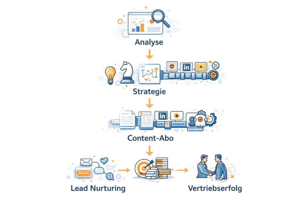 Framework für Content-Abo im B2B Marketing mit Analyse, Strategie, Content-Produktion und Lead Nurturing