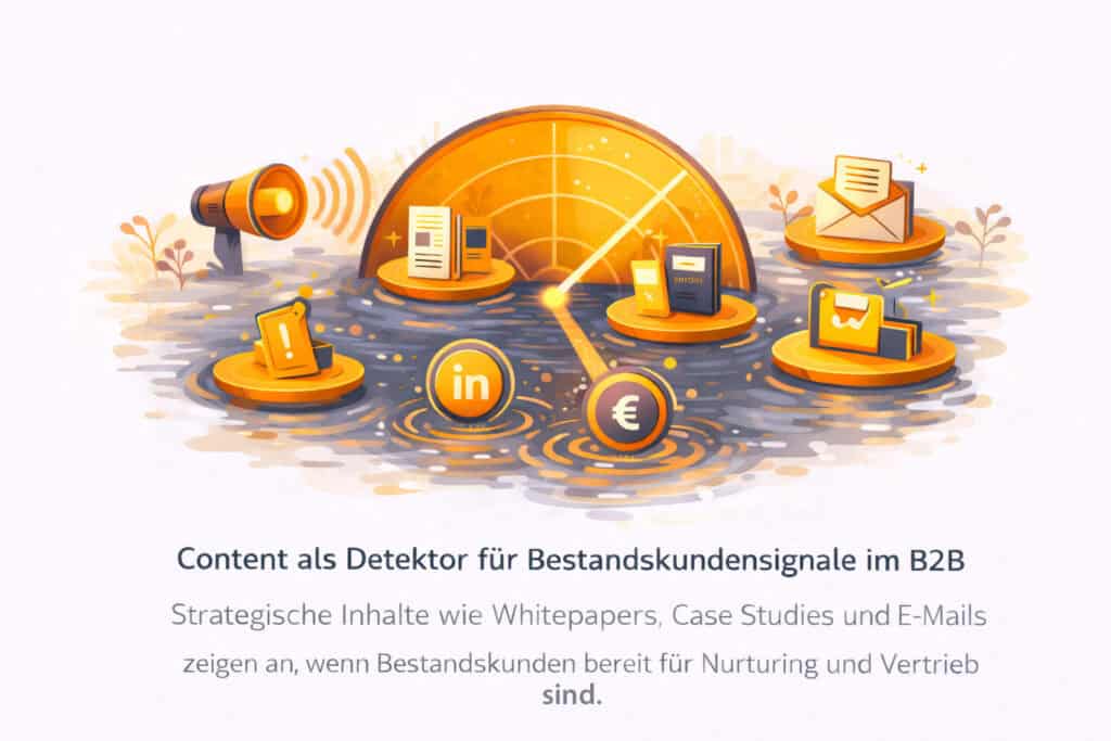 Content als Detektor für Bestandskundensignale im B2B – Whitepaper, E-Mails und Case Studies zeigen Kaufinteresse für Cross- und Up-Selling.