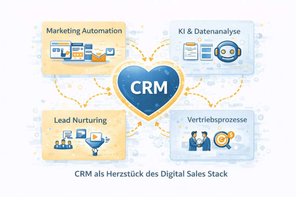 CRM als Herzstück des Digital Sales Stack mit Marketing Automation Lead Nurturing KI Analyse und Vertriebsprozessen