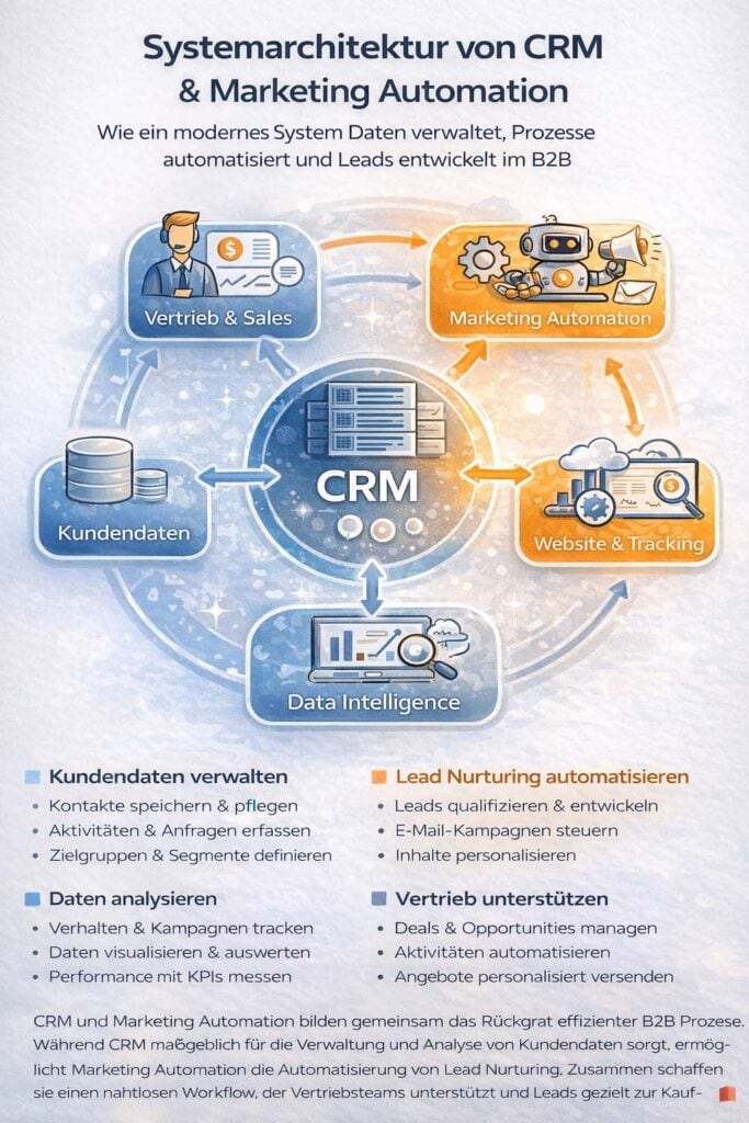 Systemarchitektur im B2B mit CRM, Marketing Automation, Website Tracking und Datenintegration zur Steuerung von Lead Management Prozessen