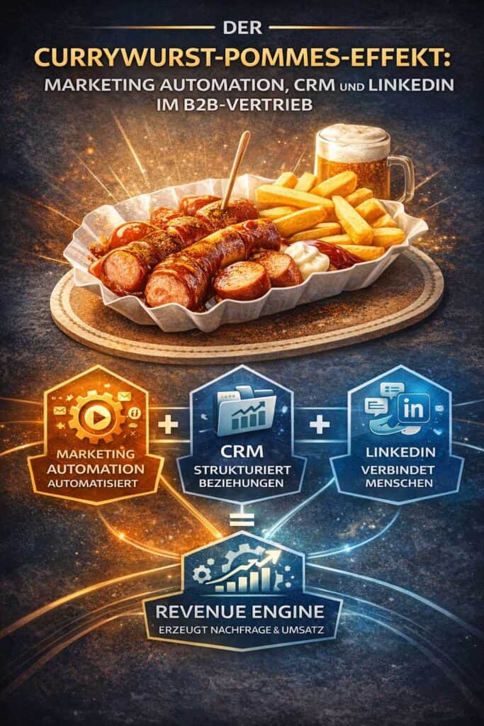 Infografik zum Currywurst-Pommes-Effekt im B2B-Vertrieb: Marketing Automation, CRM und LinkedIn arbeiten zusammen als Revenue Engine.