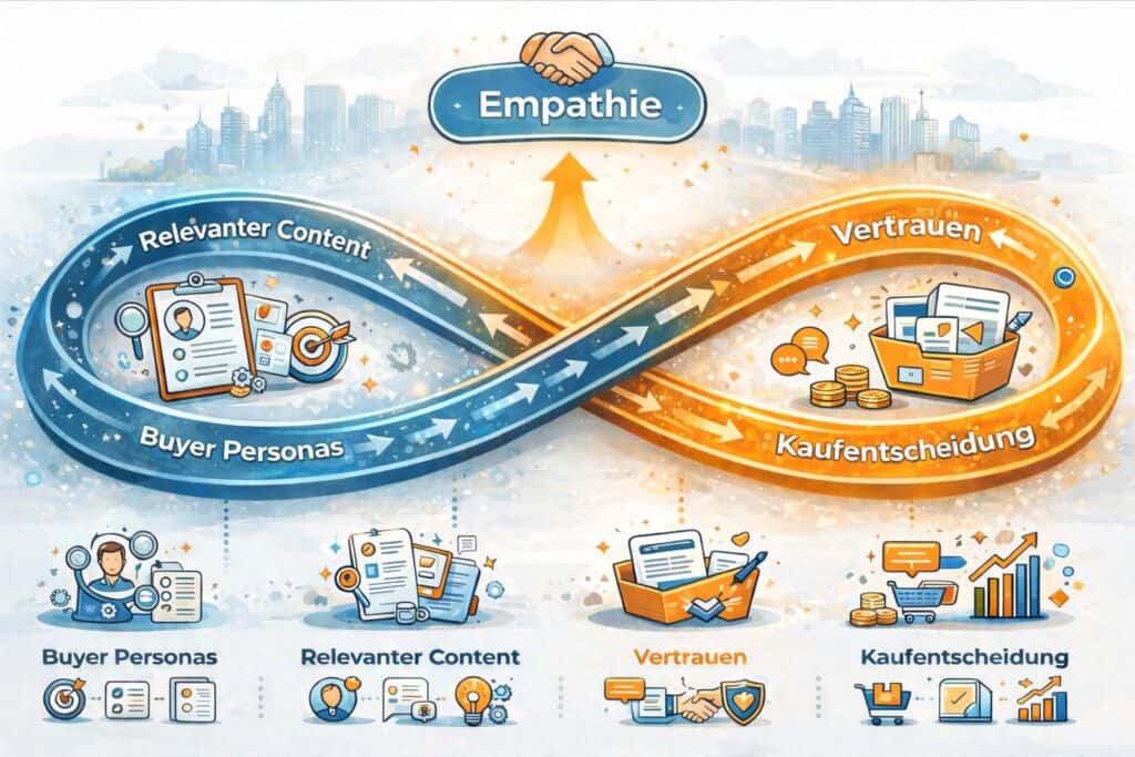 Customer Centric Revenue Loop im B2B Marketing: Empathie für Buyer Personas führt zu relevantem Content, Vertrauen und Kaufentscheidungen.