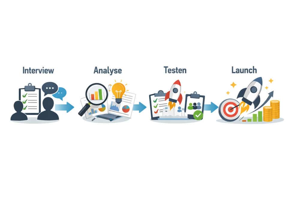 Infografik zeigt Customer Development Prozess mit den Schritten Interview, Analyse, Testen und Launch.