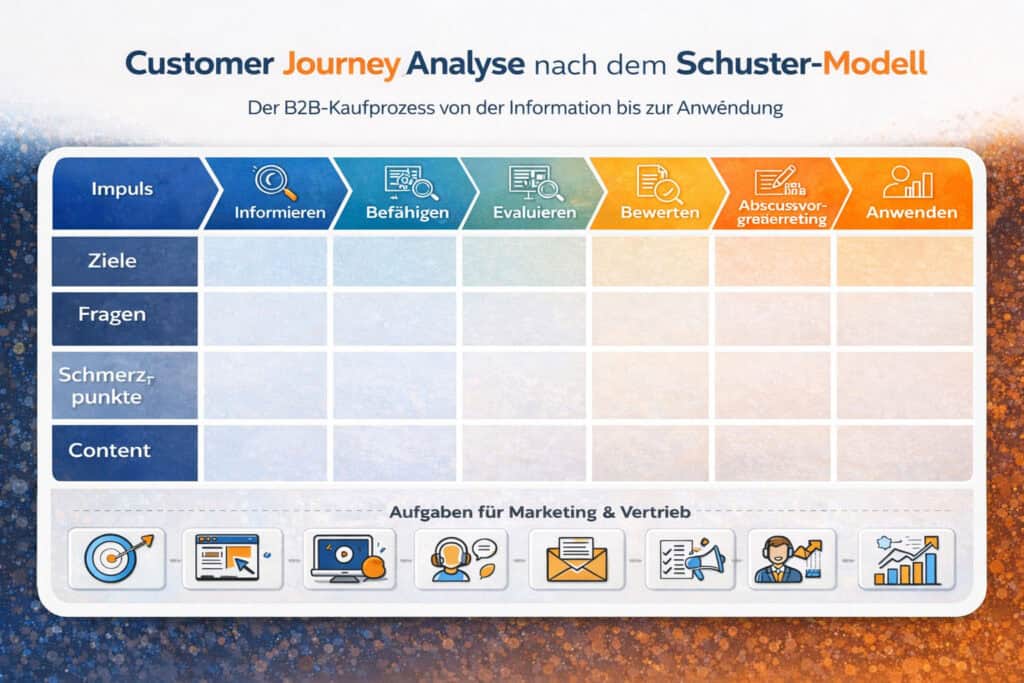 Customer Journey Analyse Canvas nach dem Schuster-Modell mit den Phasen Informieren, Befähigen, Evaluieren, Bewerten, Abschlussvorbereitung, Implementieren und Anwenden.