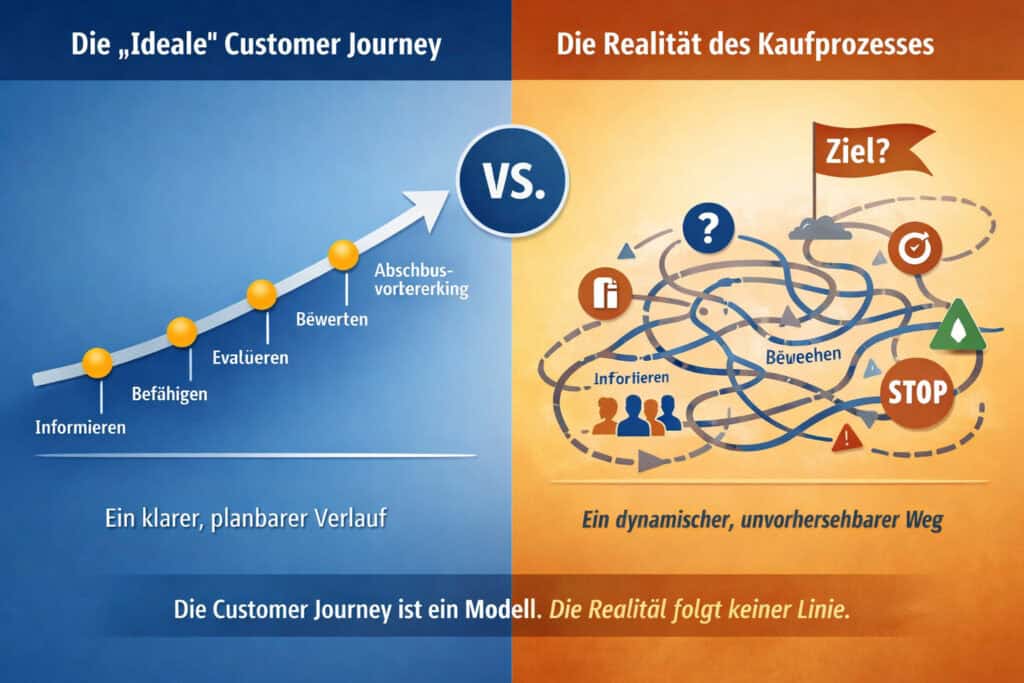 Visualisierung der Customer Journey im B2B mit den Phasen Informieren, Befähigen, Evaluieren, Bewerten und Abschlussvorbereitung im Vergleich zur realen, nicht-linearen Kaufentscheidung