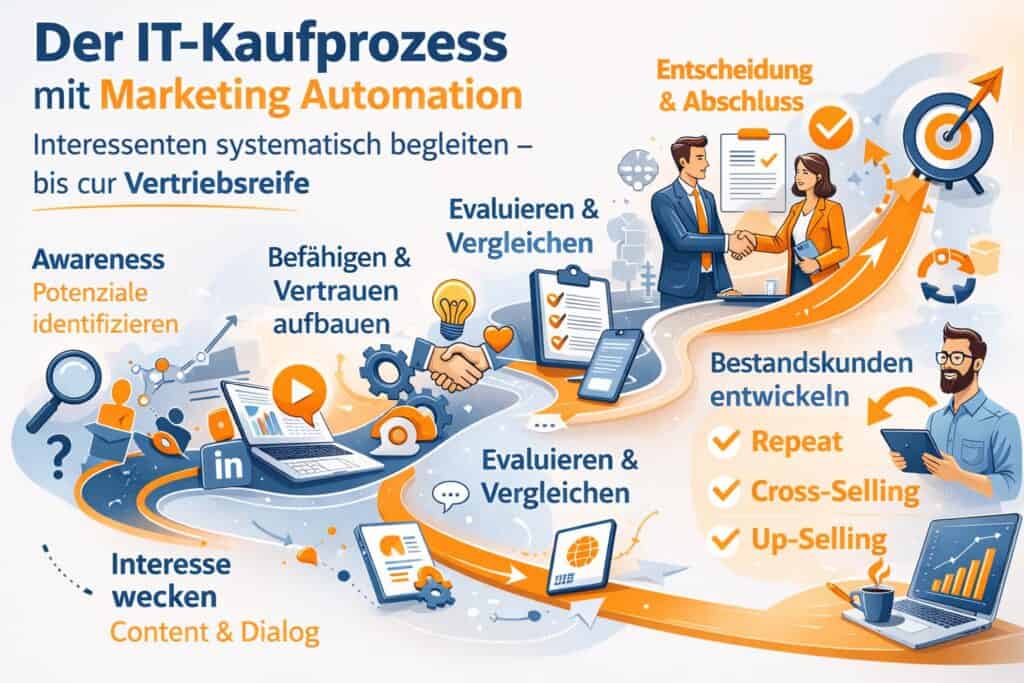 Infografik zur Customer Journey im IT-Kaufprozess mit Marketing Automation: Awareness, Befähigen, Evaluieren und Abschluss.