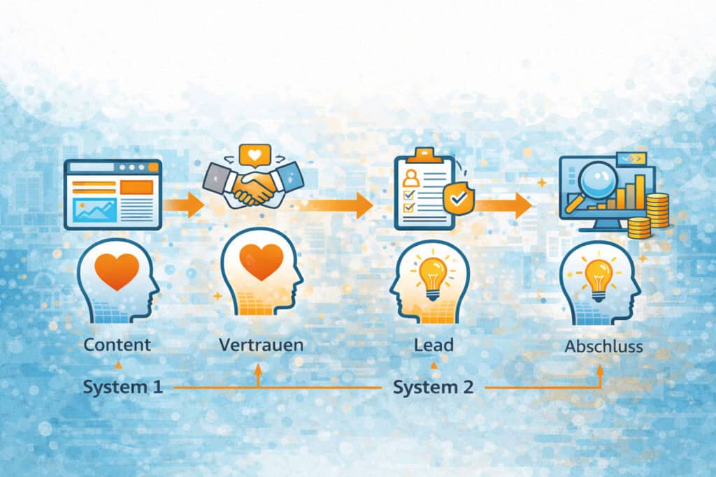 Infografik zur B2B Customer Journey: Content erzeugt Aufmerksamkeit und Vertrauen (System 1), anschließend folgt die Analysephase und der Abschluss durch rationales Denken (System 2).