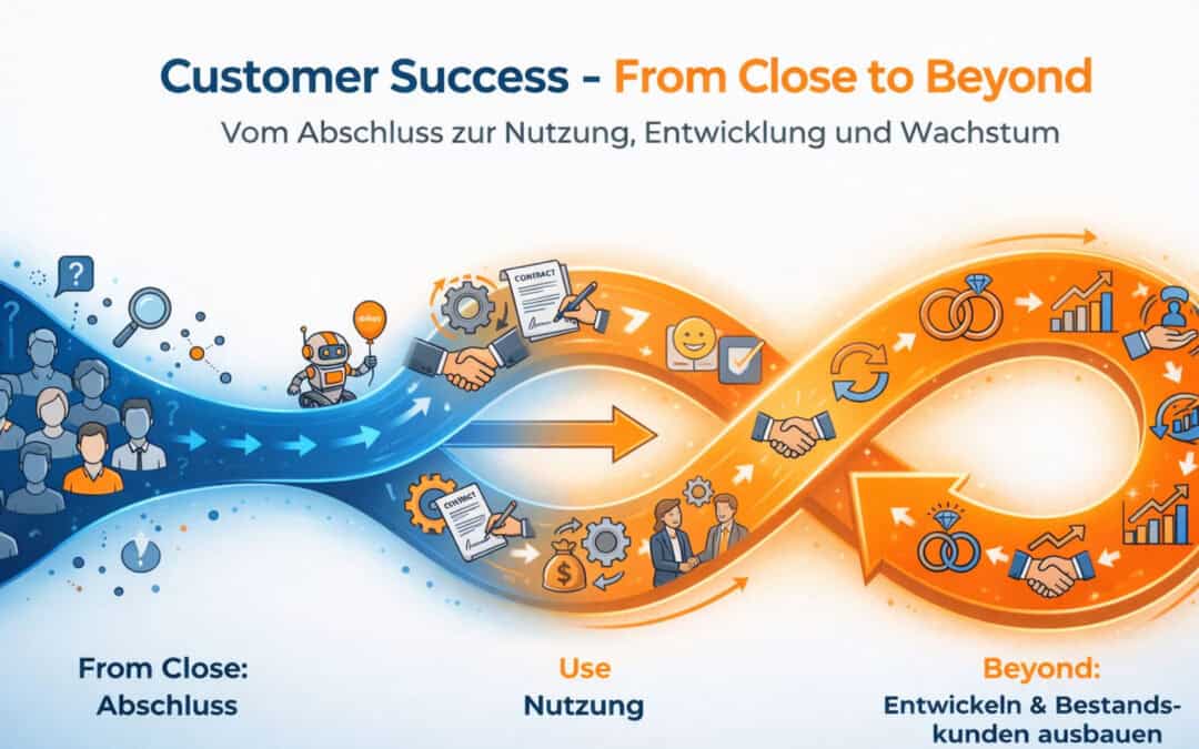 Customer Success im B2B zeigt Übergang vom Abschluss zur Nutzung, Entwicklung und Expansion im Schuster-Modell
