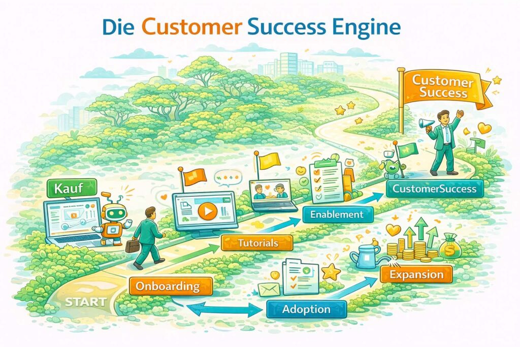 Customer Success Engine im B2B: Automatisierter Kundenlebenszyklus von Onboarding über Adoption bis Expansion und Customer Success.