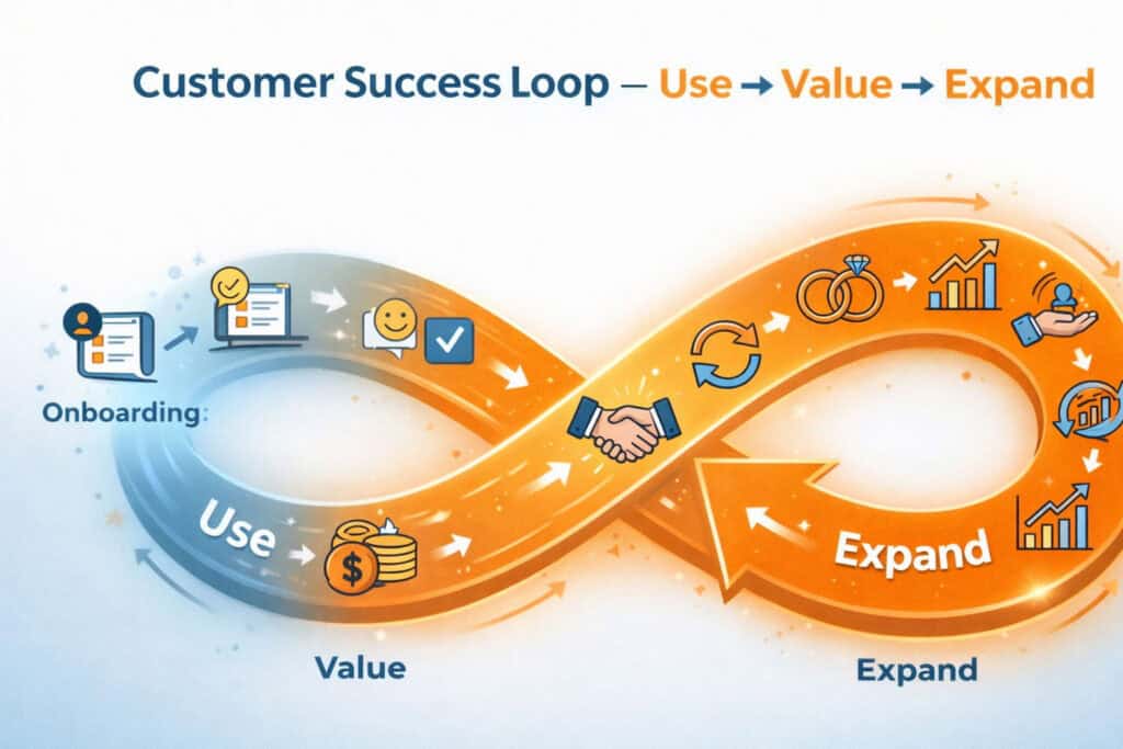 Customer Success Loop im B2B zeigt Zusammenhang zwischen Nutzung, Mehrwert und Wachstum im Schuster-Modell