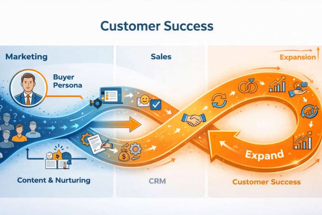Customer Success im Schuster-Modell zeigt Integration von Marketing, Vertrieb und Bestandskundenentwicklung im B2B